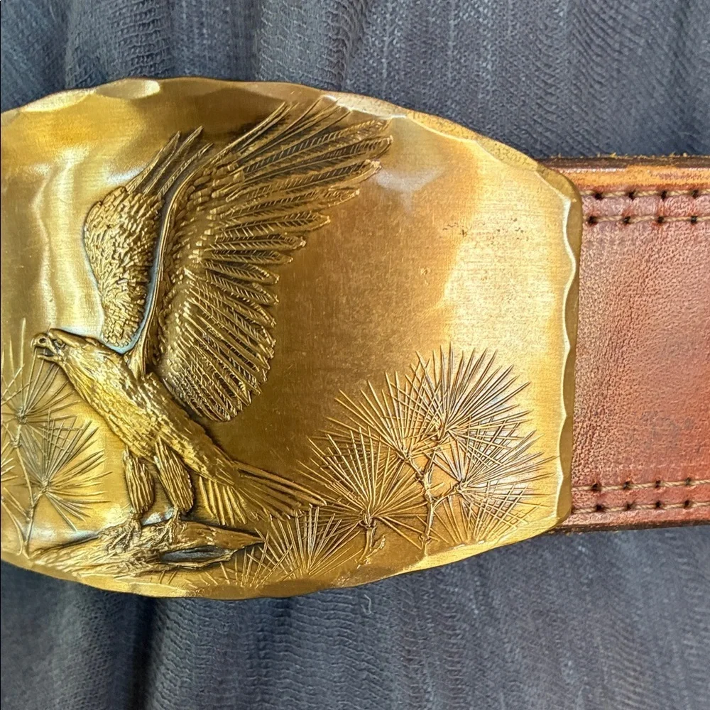 NATALE brass Eagle buckle on Leather Belt, XL VTG Exquisite artisan piece Unisex